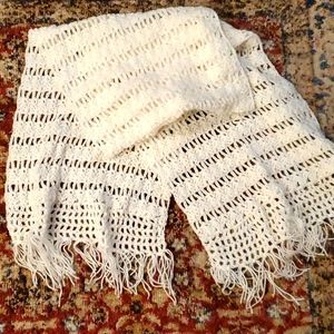 White iridescent hand knit scarf with fringe